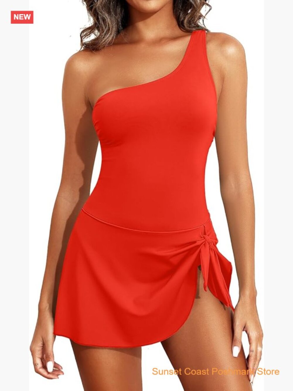 One Shoulder Swimsuit with Skirt Tummy Control Swimdress One Piece Bathing Suit